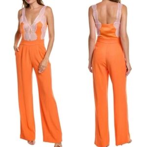 Ramy Brook Women's Vanna Jumpsuit, V-Neck Plunge, Orange White Lace, 00